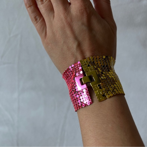 Vintage Y2K gold and pink ombré chain mail‎  cuff / statement bracelet - Picture 3 of 5